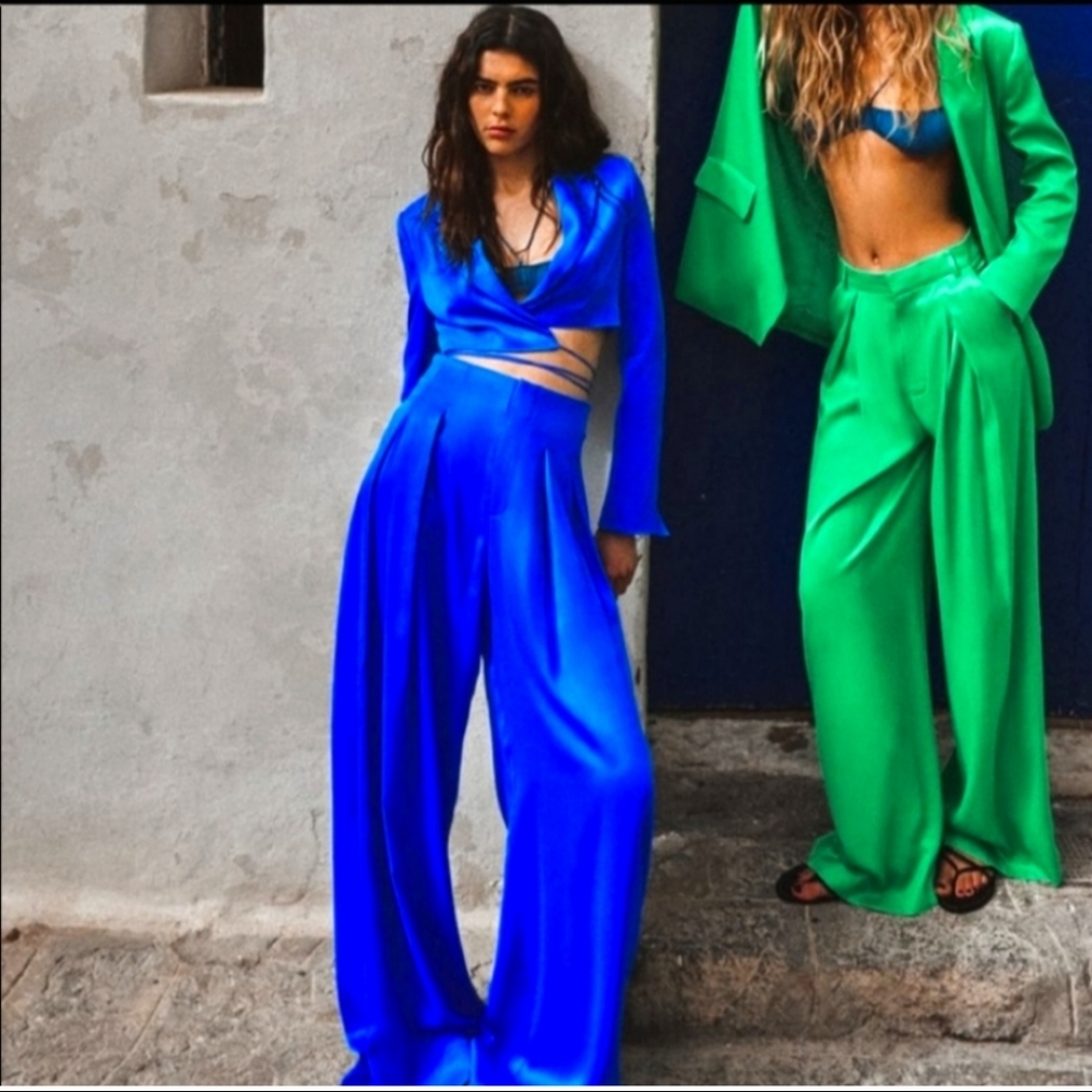 Zara Electric Blue Wide-Leg Satin Pants